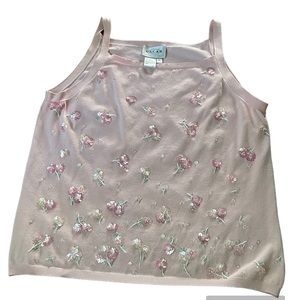 Oscar de la Renta Pink Knit Tank Top w/ Sequin and Beaded Flowers Size Medium